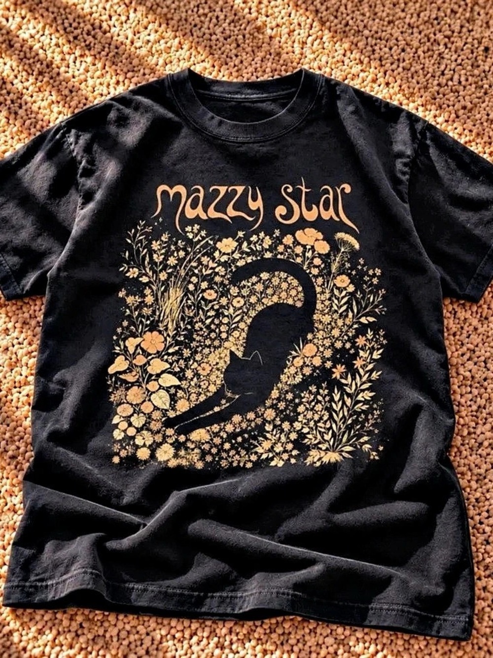 Mazzy Star Floral Cat Graphic Tee in Black & Yellow